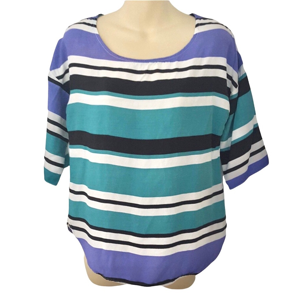 Zara Basic Striped 1/2 Sleeve Zip Back Top XSmall